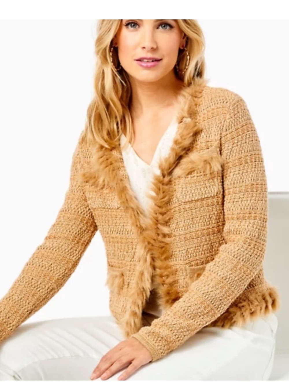 Lilly Pulitzer Preona Textured Knit Cardigan with Faux Fur Trim - Camel Size L